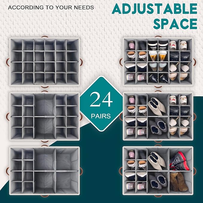 Shoe Organizer for Closet, Foldable Shoe Storage Bins with Clear Cover, Space Saving Shoes Holder with 4 Handles, Large Adjustable Shoe Box Storage Containers, Fits 12-24 Pairs, 1 Pack, Beige