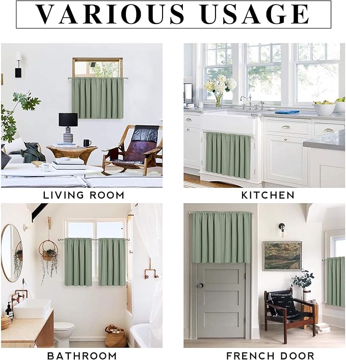 RYB HOME Green Blackout Living Room Curtains - Light Block Energy Efficiency Small Window Treatment Drapes for Kitchen Dining Baby Nursery Farmhouse Decor, W 42 x L 84 inch, Sea Green, 2 Panels