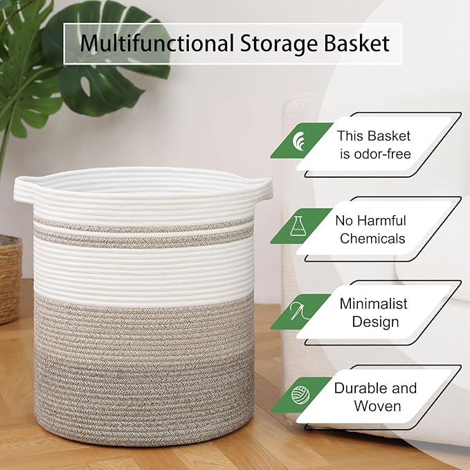 OIAHOMY 58L Laundry Baskets-Laundry Hamper, Storage Basket with Handles, Decorative Basket for Living room, Woven Storage Basket for Toys Bin, Pillows, Blankets, Clothes-18x16in-Gradient Brown