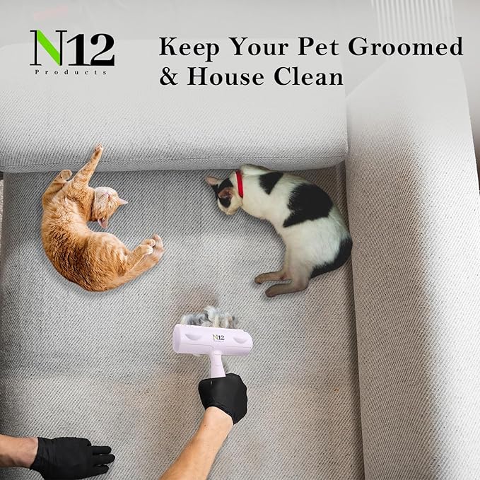 N12 Cat, Dog Hair Remover/Lint Roller and Grooming Hair Bush Combo – Pet Fur Remover for Couch, Furniture, Carpet, Car Seat & Self-Cleaning Slicker Grooming Brush with Long Pins for Shedding
