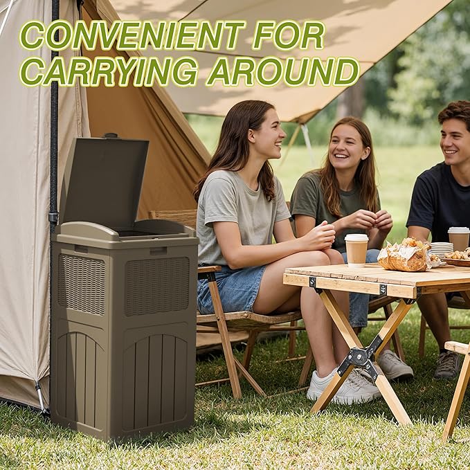 Greesum 33 Gallon Resin Outdoor Trash Can with Lid, Waterproof Resin Garbage Bin for Hideaway, Patio, Deck, 3 Pack, Light Brown