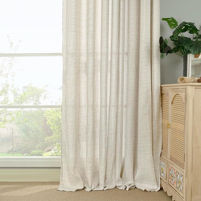 YoungsTex Linen Curtains 80 Inch Length for Living Room, Light Filtering Semi Sheer Drapes with Back Tab Rod Pocket for Bedroom Farmhouse Cream Textured Window Treatments, 2 Panels, 52 X 80 Inch