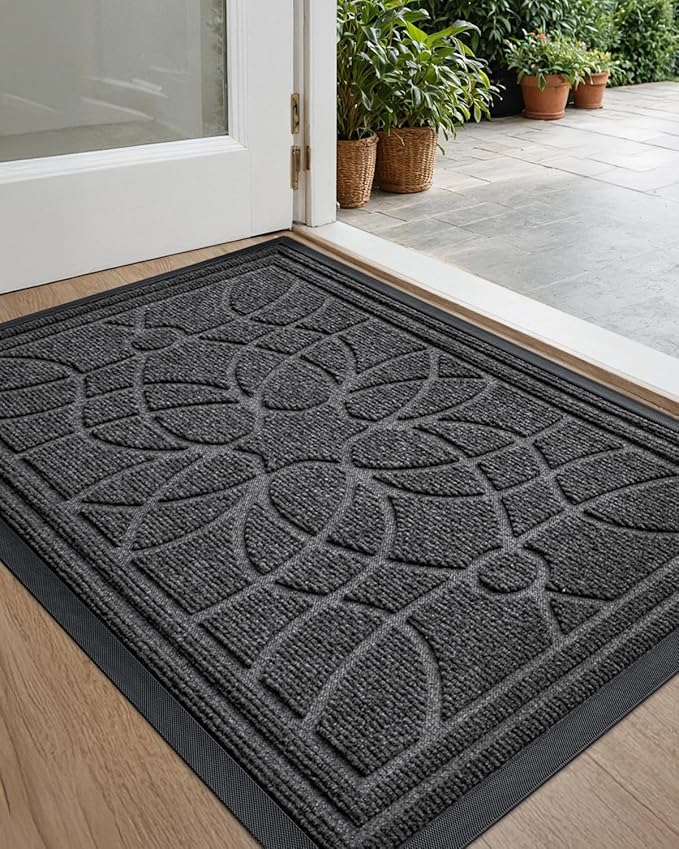 DEXI Front Door Mat Outside Entrance, Heavy Duty Non Slip Low Profile Doormat for Entryway, Trap Dirt and Moisture Welcome Mats, Easy Clean, Patio, Garage, 17x29, Grey