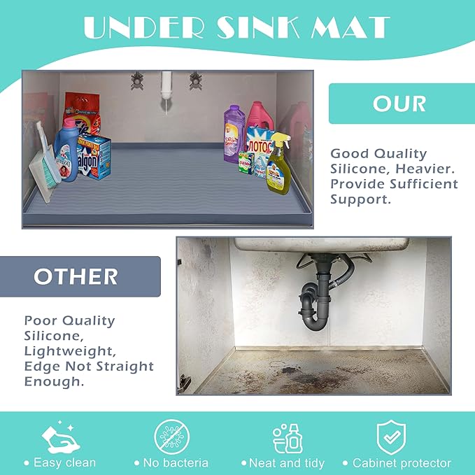 URMONA Waterproof Silicone Under Sink Mat 16'' x 10'' Shelf Liner for Kitchen and Bathroom, Cabinet and Counter Protector, Storage and Organizers, Litter Mat, Pet Cat Puppy Essentials(Cream)