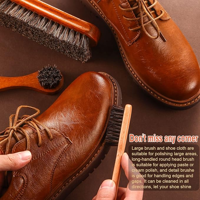 4 Pcs Horsehair Shine Shoes Brush Kit Polish Dauber Applicators Cleaning Leather Shoes Boots Care Brushes Suede Cleaner Brush with Microfiber Shoe Cloth(4 Pcs Style A)