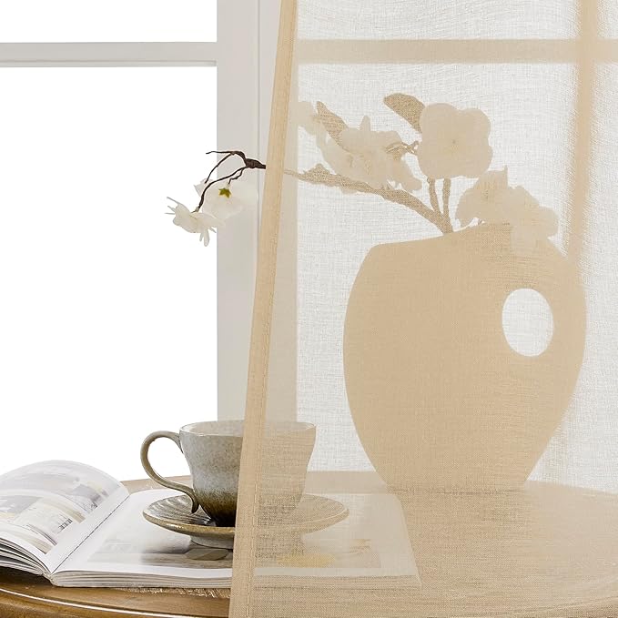 Tollpiz Sheer Curtain Closet Linen Textured Curtain Sheers Doorway Light Filtering Voile French Door Rod Pocket Curtains Patio Glass Door, 25 x 80 inches Long, Beige, Set of 1 Panel