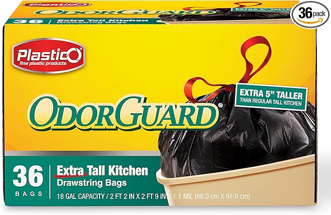 Plastico Extra Tall Kitchen Trash Bags - 18 Gallon, Black, 36 Garbage Bags, Extra Strong, Easy Drawstrings - Odor Guard Control, Unscented, 1.1 Mil Thick Plastic