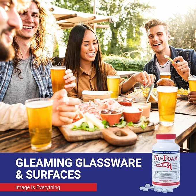 Nu-Foam Sanitizing Tablets for Bar Glassware – Superior Rinse Aid - Hand Washing Bar, Tavern, Brewery Supplies - Spotless Serving Glasses - Professional-Grade Glass Sanitation - 100 Tablets/600 Quarts