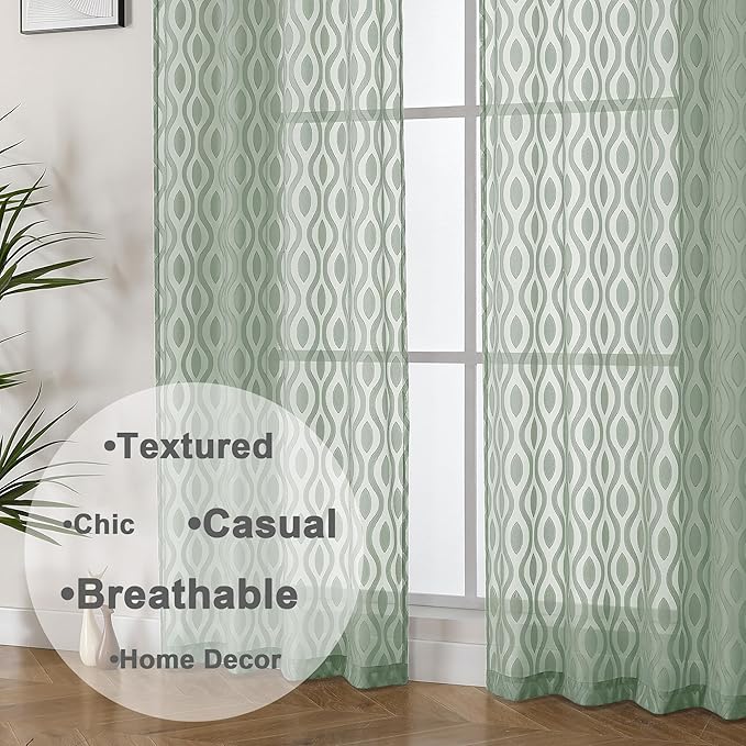 Aiyufeng Sheer Green Curtains 54 Inch Length 2 Panels, Soft Lightweight Clip Jacquard Textured Farmhouse for Bedroom, Modern Wavy Line Voile Sheer for Living Room, 40" Wx54 L Inches