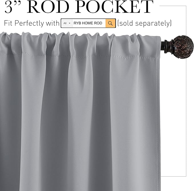 RYB HOME Blackout Curtains Grey - Sunlight Block Energy Saving Drapes for Bedroom Bathroom Home Office Small Window Treatment Panels, W 53 x L 36 inch, Silver Grey, 2 Panels
