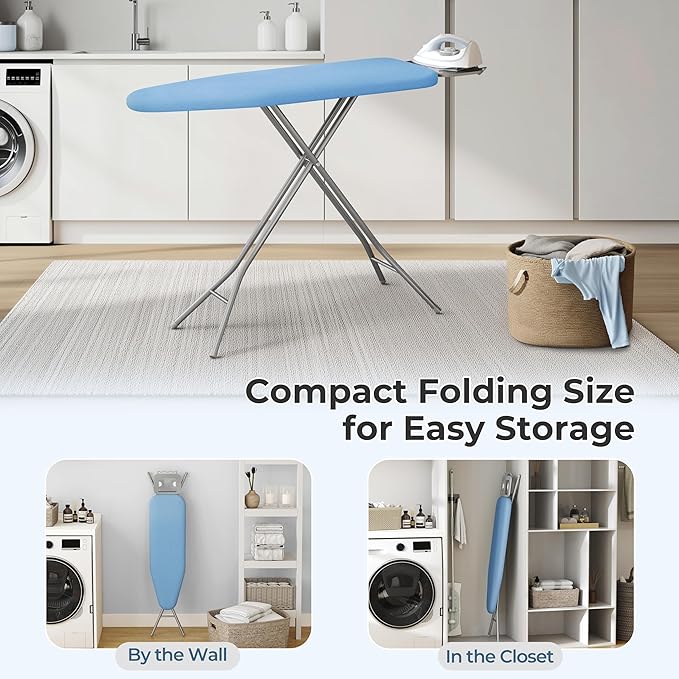 Yaheetech Foldable Ironing Board, Heavy Duty Iron Board with 9 Adjustable Heights, 4 Layer Cover and Safety Iron Rest, 52X14 Compact and Space Save Iron Board for Home Laundry Room Use, Blue