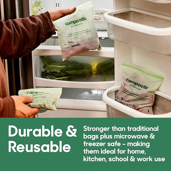 Compostic Home Compostable Resealable Sandwich Bags (7"x7"), Microwave & Freezer Safe, Organic Food Storage Container, 30 Count (Pack of 2)