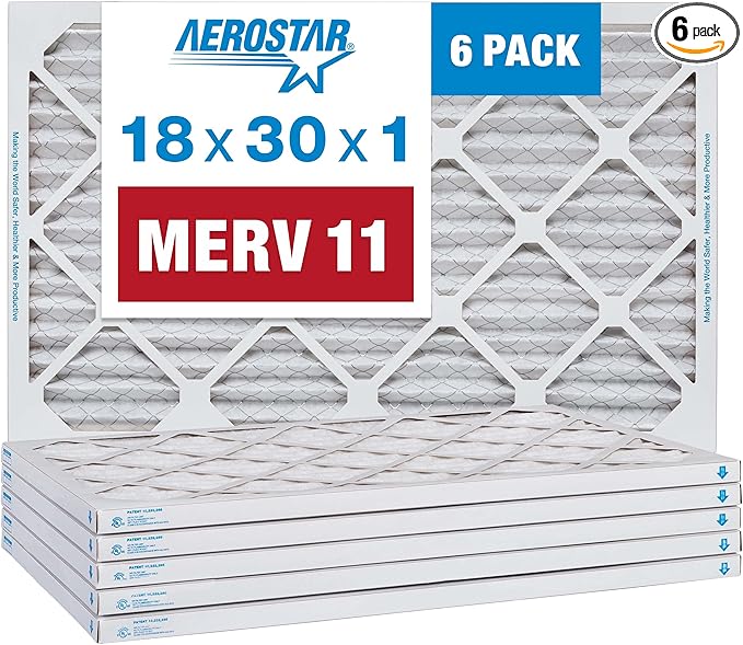 Aerostar 18x30x1 MERV 11 Pleated Air Filter, AC Furnace Air Filter, 6 Pack (Actual Size: 17 3/4" x 29 3/4" x 3/4")