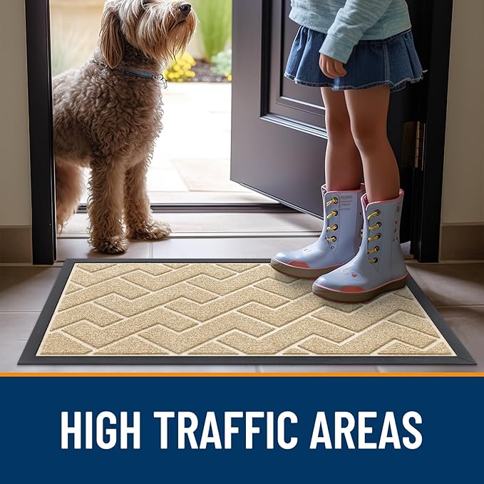 OLANLY Front Door Mat Indoor Outdoor Entrance, Waterproof All-Season, All-Weather Doormat, Sturdy Natural Rubber, Low Profile, Easy Clean Patio Porch Entryway Mat, Herringbone Brick (Beige, 47x32)