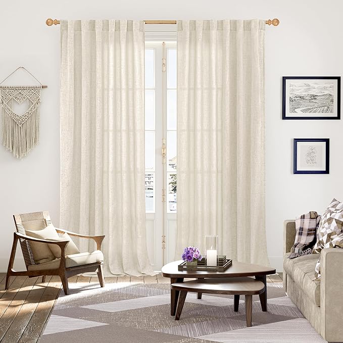 YoungsTex Linen Curtains 90 Inch Length for Living Room, Light Filtering Semi Sheer Window Drapes Rod Pocket Back Tab Curtain for Bedroom Dining Room Office Privacy, 2 Panels, 52 X 90 Inch