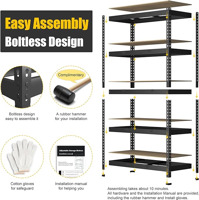 PrimeZone 3 Pack Storage Shelves 48" x 24" x 72", 5 Tier Adjustable Garage Storage Shelving, Heavy Duty Metal Storage Utility Rack Shelf Unit for Warehouse Pantry Closet Kitchen, Black