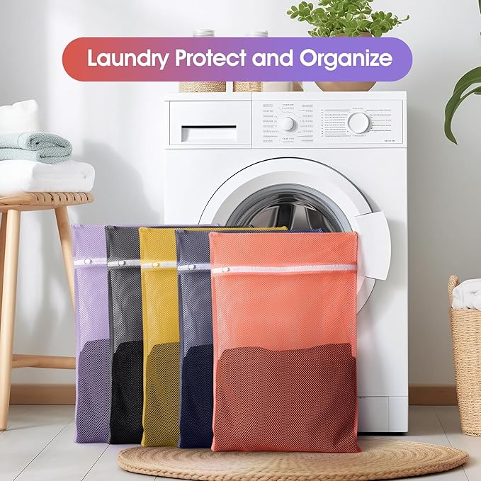 5Pcs Mesh Laundry Bags Sturdy for Delicates, Lingerie, Bras, Travel and Organize - 5 Color(14x20 Inch)
