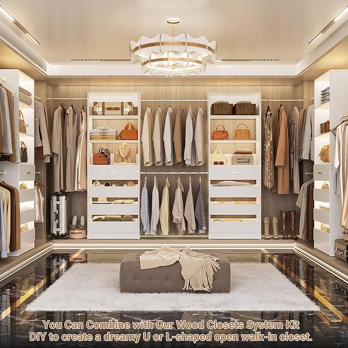 Aheaplus Closet System, 6-15Ft Closet Organizer with 8 Wooden Drawers, Wood Closet Organizer System with Tower, Walk-in Closet Organizer Wardrobe Clothes Rack with 4 Hanging Rods, Garment Rack, White