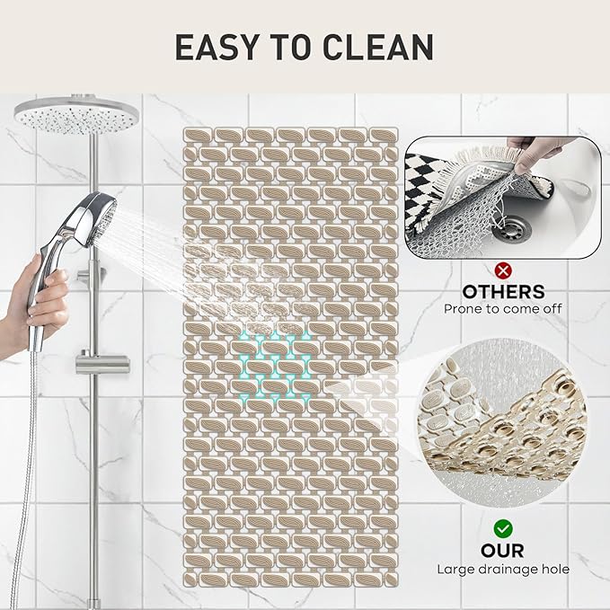 Shower Mat Non Slip Bathtub Mat - 36" x 16" Eco-Friendly Soft Bath Mat for Tub Non Slip Shower Mats for Inside Shower with Suction Cups and Drain Holes, Easy to Clean Quick-Drying, Brown