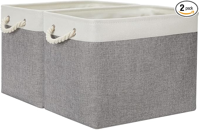 Temary Baskets for Organizing, 2 Pack Storage Baskets Large Fabric Baskets with Handles, Decorative Basket for Gifts Empty for Home (White&Grey,16Lx12Wx12H Inches)
