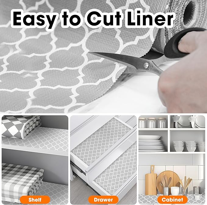 Drawer and Shelf Liner for Kitchen Cabinets Non-Adhesive, Non-Slip Cabinet Liner Shelf Paper Strong Grip Waterproof Easy to Clean for Kitchen Shelves Cupboard, Gray Lantern,12IN X 20FT