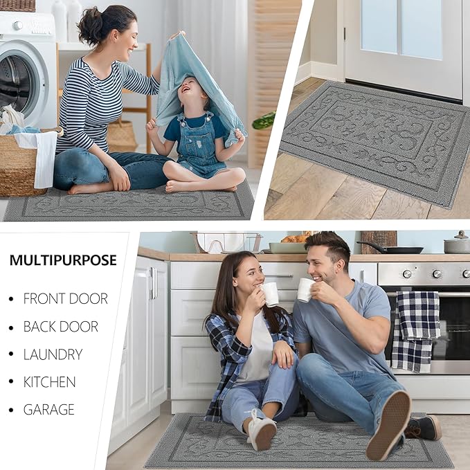 FONEYI Indoor Door Mat 36" x 59", Dirt Trapper Door Mats Non-Slip Entryway Rugs Washable, Absorbent Resist Dirt Welcome Mat, Low Profile Inside Floor Mats for Front Back Door and Entryway, Light Grey