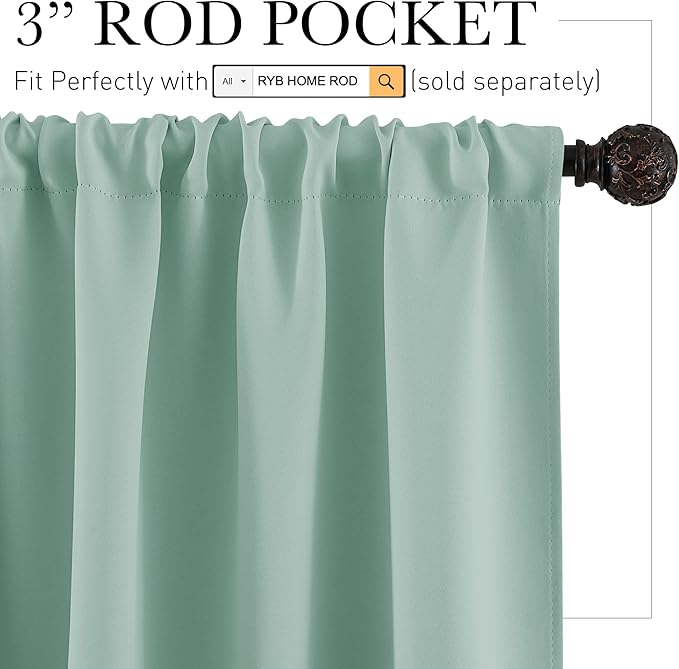 RYB HOME Rod Pocket Blackout Curtains for Living Room, Thermal Insulated Noise Reducing Window Drapes Room Darkening Shades for Bedroom Studio, 42 x 63 inch, 2 Panels Package, Aqua