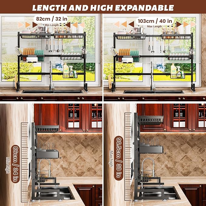 3-Tier Over Sink Dish Draining Rack, Adjustable Width and Height, with Phone Holder, Cup Holder, Knife and Chopstick Holder, Cutting Board Rack, Space-Saving Rack