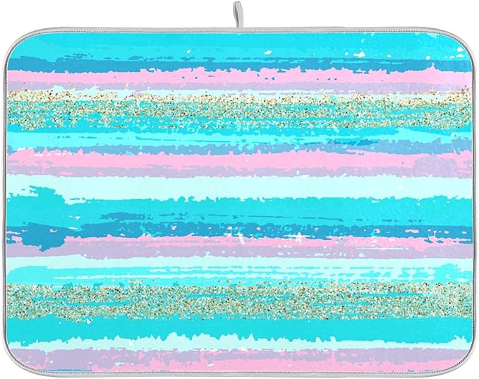Turquoise Stripe Dish Drying Mat for Kitchen Countertop 18x24 Rectangle Teal Aqua Large Drying Mat Reusable Quick Dry Dish Sink Absorbent Mats Dishwasher Easy Clean Decorative Home Decor Essentials