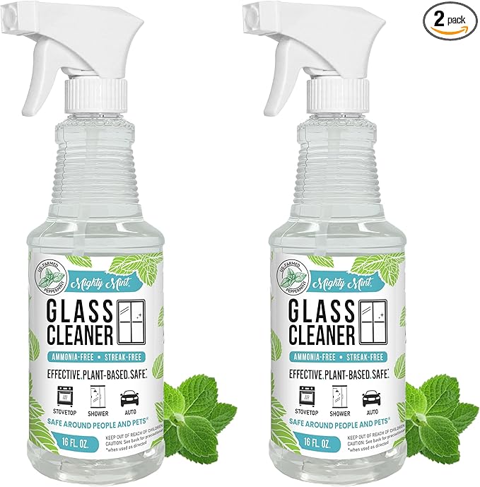 Mighty Mint Glass Cleaner, Ammonia-Free, Streak-Free Spray for Windows, Screens, Stovetop, Bathroom, Natural Peppermint Scent, 16oz (Pack of 2)