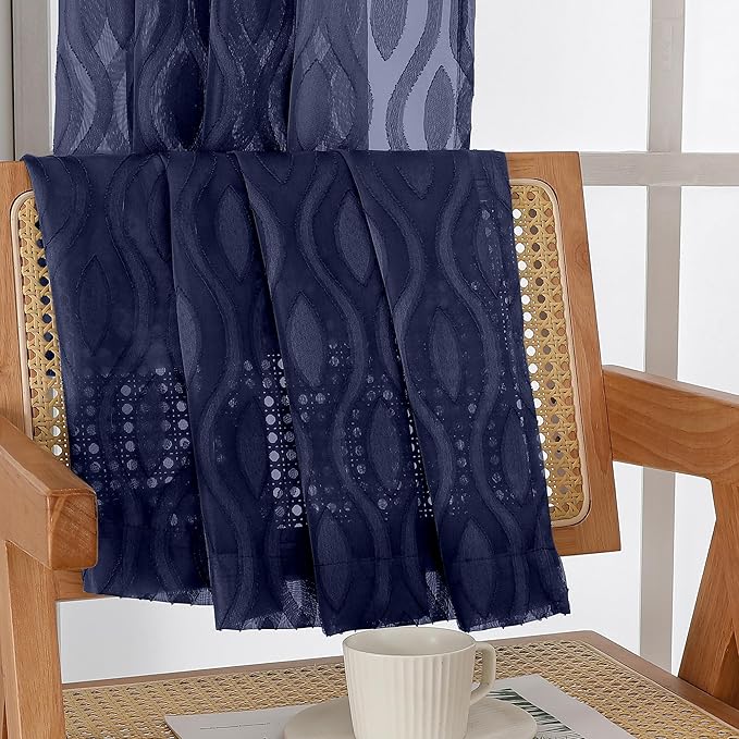 Aiyufeng Blue Sheer Curtains 63 Inch Length 2 Panels Set, Airy Light Filtering Solid Clip Jacquard Farmhouse Curtians for Bedroom Living Room, Modern Wavy Line Panel Curtains, 40" WX63 L Inches