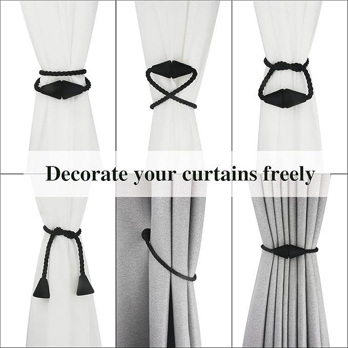 4 Pack Magnetic Curtain Tiebacks Rope Modern Handmade Curtain Tie Backs Decorative Drapes Weave Holdbacks for Window Décor, Black