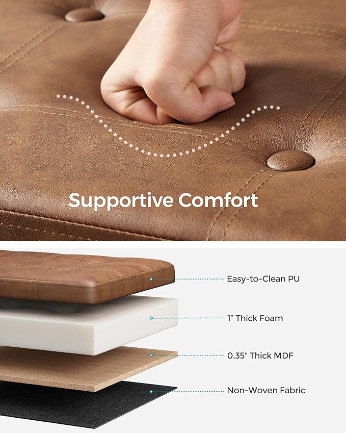 SONGMICS Mazie Collection - 43 Inches Folding Storage Ottoman Bench, Ottoman with Storage, Foot Rest Stool, Load 660 lb, Living Room, Bedroom, Entryway, Synthetic Leather, Coffee Brown ULSF070K01