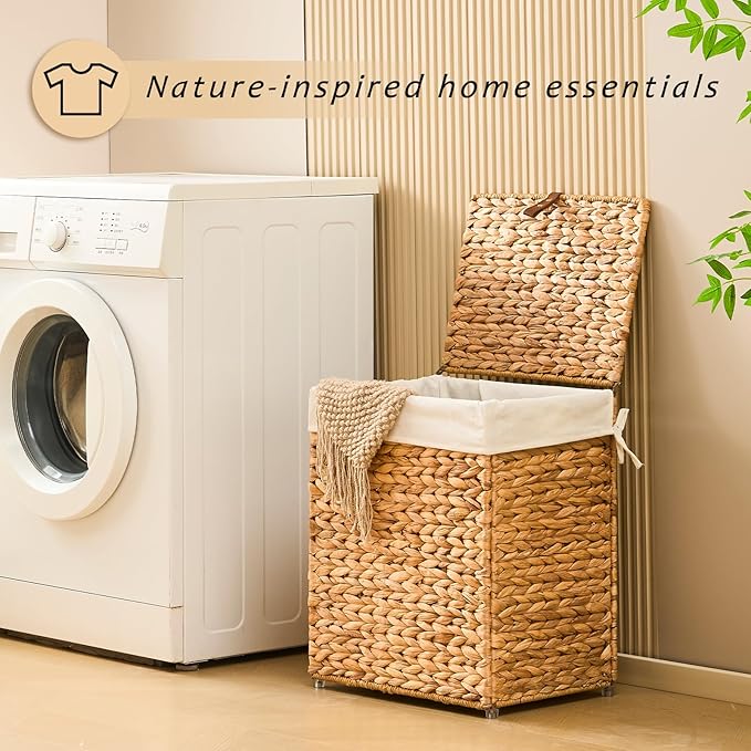 Handwoven Laundry Basket with Lid, Natural Water Hyacinth Storage Basket with Handle, Removable Cotton Liner, Durable and Stylish for Bedroom, Bathroom, Laundry Room