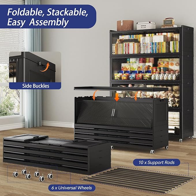 320GAL Extra Large Storage Bins with Lid, 1280QT Collapsible Organizer with Wheels, Stackable Closet Cabinet with Doors, Folding Storage Containers for Home, Office, Dorm, 4Pack Black