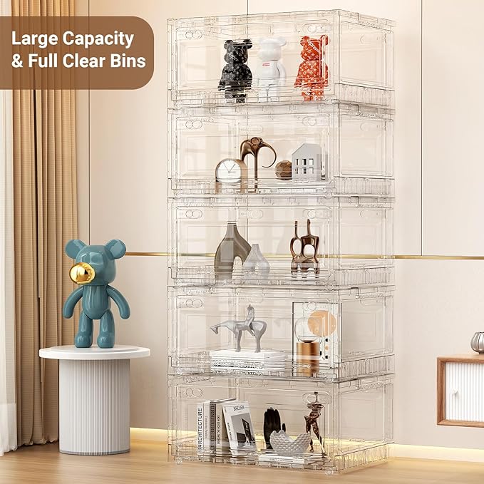 BROVIEW Clear Stackable Storage Bins Drawers, Open Front Large Plastic Storage Bins with Lids, Foldable Closet Organizers and Storage for Wardrobe Cabinets, Pantry, Makeup,5 Pack