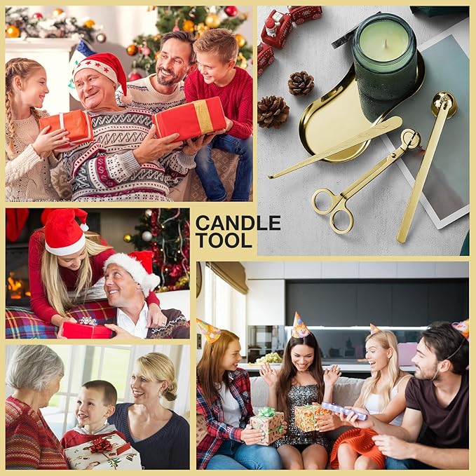 PATOISE 4 in 1 Candle Accessory Set, Candle Wick Trimmer Cutter, Candle Snuffer, Candle Wick Dipper, Tray Holder in Gift Package for Candle Aromatherapy Lovers(Mini 4PCS Gold)