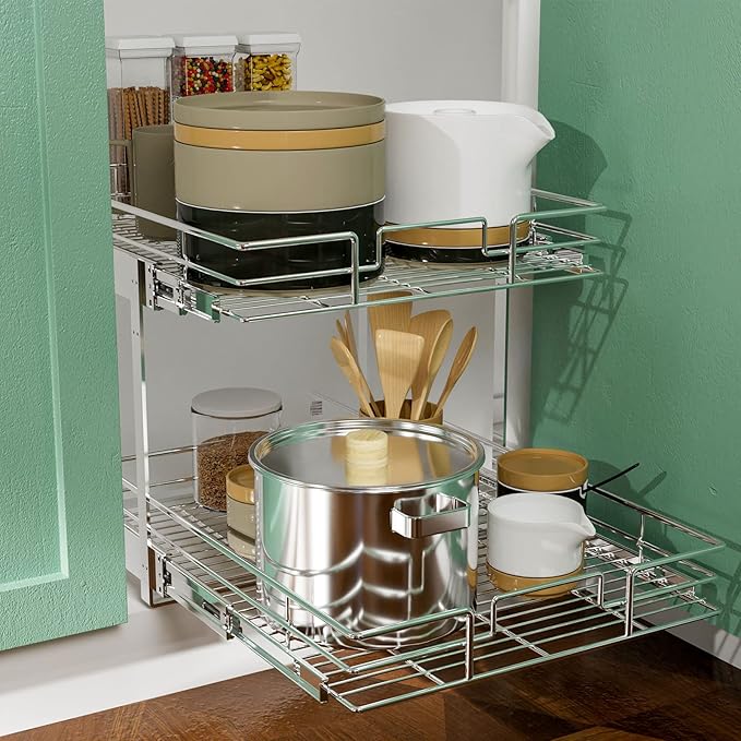 LOVMOR 2 Tier Individual Pull Out Cabinet Organizer 11½" W x 21½" D, Slide Out Kitchen Cabinet Storage Sliding Shelves