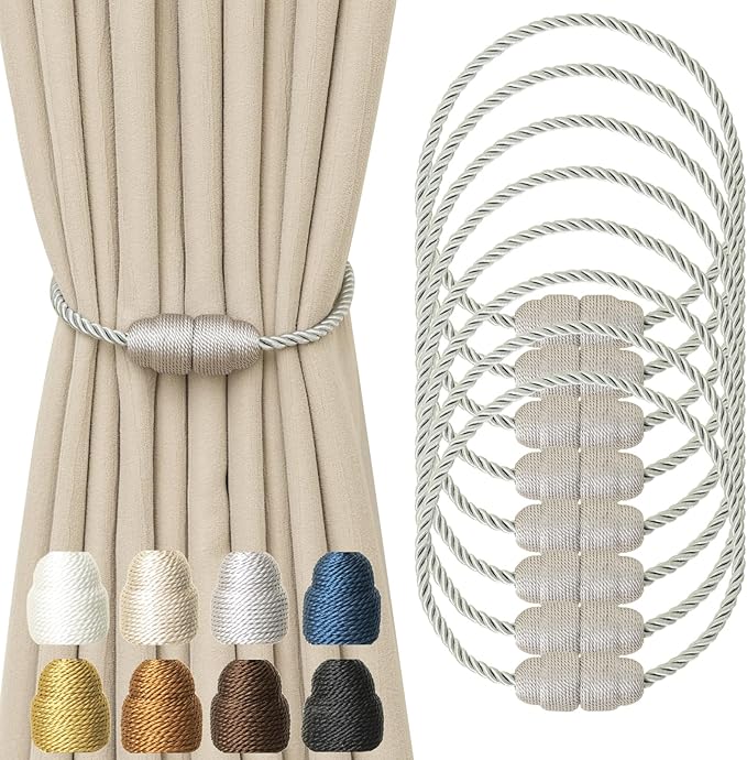 Magnetic Curtain Tiebacks - Rope Tiebacks for Curtains & Drapes, Decorative Window Holdbacks (8 Pack, Grey)