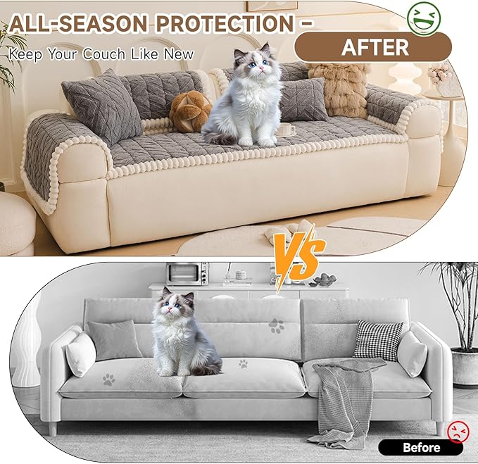 OTOB Pet Couch Covers for 3 Cushion Couch Sofa, Washable & Non Slip Fuzzy Plush Sofa Cushion Covers, All Seasons Geometric Jacquard Modern Soft Dog Bed Mat Slipcovers Protector (Gray, 27.6"x70.9")