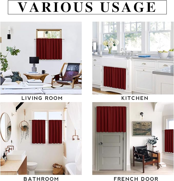 RYB HOME Blackout Curtains for Half Window Kitchen, Thermal Insulated Curtain Panels for Bedroom/Living Room, 42 x 36 inches Each Panel, Burgundy Red, 2 Panels