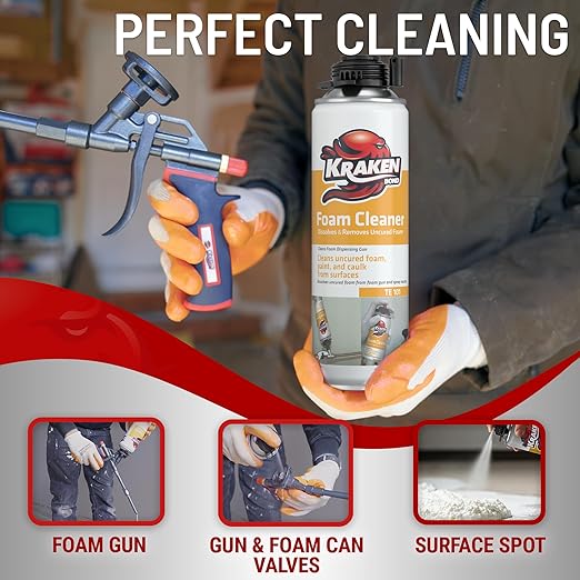 Kraken Bond Spray Foam Gun Cleaner - (1x12.3oz) Polyurethane Foam Insulation Cleaner Spray, Dissolves Uncured Expanding Foam, Foam Cleaner Spray for Extended Tool Durability - 1 Pack