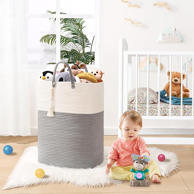 Woven Laundry Basket for Clothes, 80L Large Rectangle Laundry Hampers with Beads Tassel, Nursery Storage Basket for Toys, Tall Dirty Clothes Hamper for Bedroom Aesthetic, Laundry Room Organization