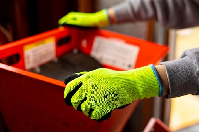 G & F 1516 12 Pairs Pack Premium High Visibility Low emissions Green Work and gardening Gloves for Men and Women.MicroFoam Textured Coated Palm and Fingers Gloves for Gardening Work,Size Medium,Green