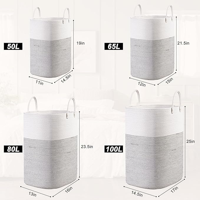 Woven Laundry Basket for Clothes, 100 L Large Rectangle Laundry Hampers with Beads Tassel, Nursery Storage Basket for Toys, Tall Dirty Clothes Hamper for Bedroom Aesthetic, Laundry Room Organization