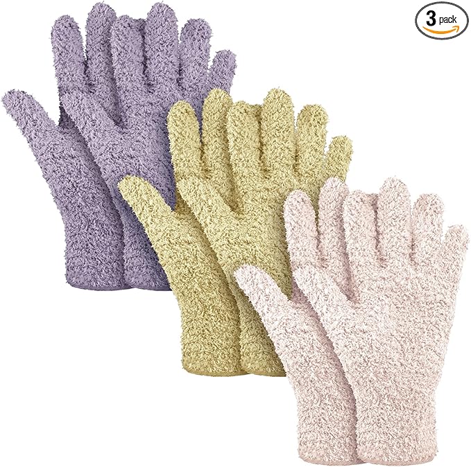 Patelai 3 Pairs Microfiber Plant Dusting Gloves Leaf Cleaning Gloves for Indoor Plants, Blinds, Furniture, House(Large,Pink, Nude, Light Purple)