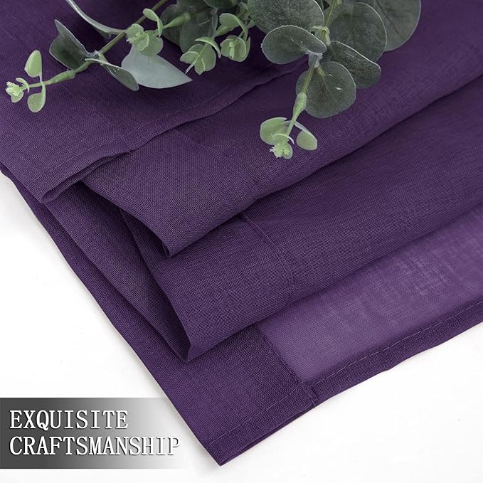 Tollpiz Short Sheer Curtains Living Room Linen Textured Curtain Sheers Light Filtering Voile Rod Pocket Curtains for Bedroom, 38 x 45 inches Long, Royal Purple, Set of 2 Panels