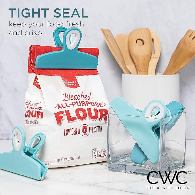 COOK WITH COLOR Bag Clips - Heavy Duty Chip Clip and Refrigerator Magnet Clips for Food Storage with Air Tight Seal Grip, Light Blue Ombre, Pack of 4 Large Clips