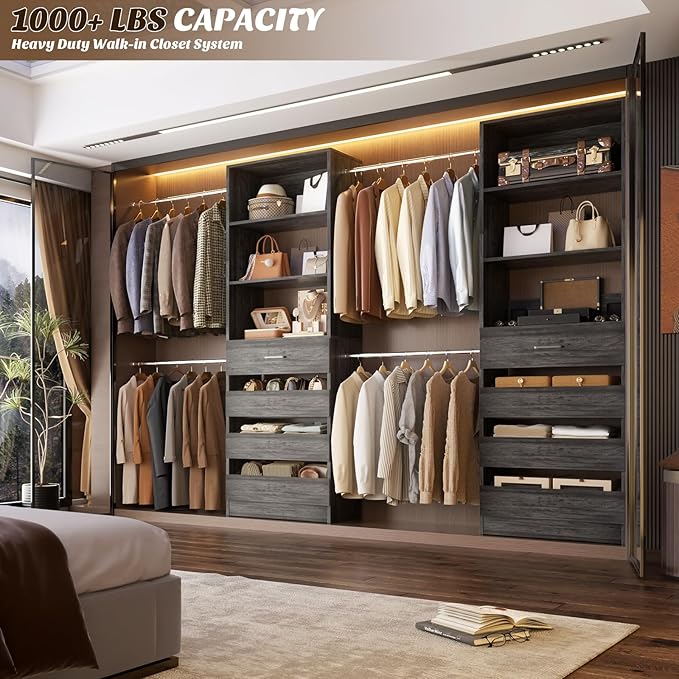 Aheaplus Closet System, 4-9 Ft Closet Organizer with 4 Wooden Drawers, Wood Closet Organizer System with Tower, Walk-in Closet Organizer Wardrobe Clothes Rack with 4 Hanging Rods, Black Oak