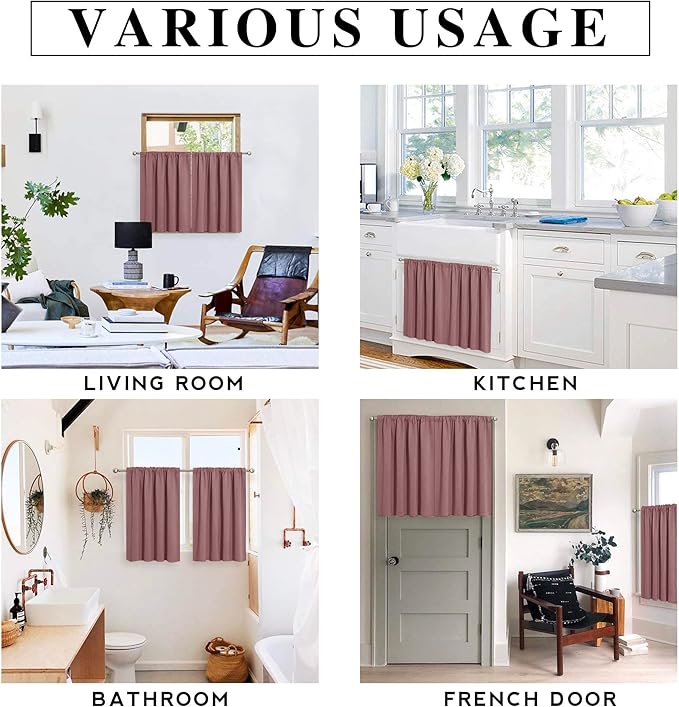 RYB HOME Small Curtains Blackout - Privacy Energy Efficiency Mini Curtains for Kids Bedroom RV Camper Windows Trailer Bathroom Kitchen Cabinet Window Tiers, W 29 x L 36, Dusty Rose, 2 Panels